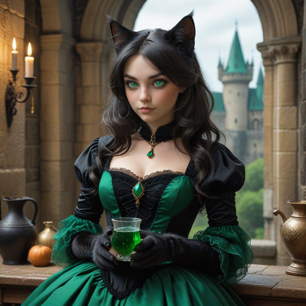 Enchanted Feline Transformation in Whimsical Castle Setting