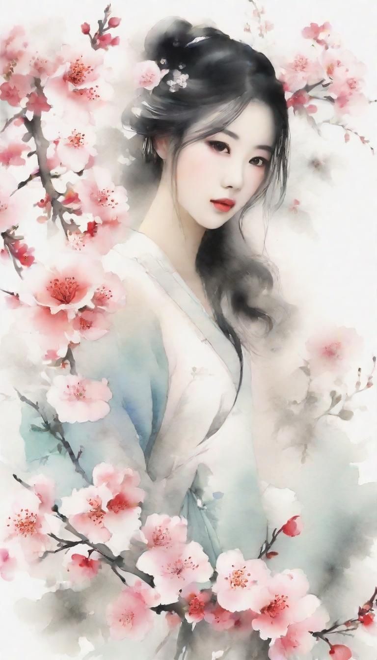 Asian Girl with Flowers in Chinese Ink Painting