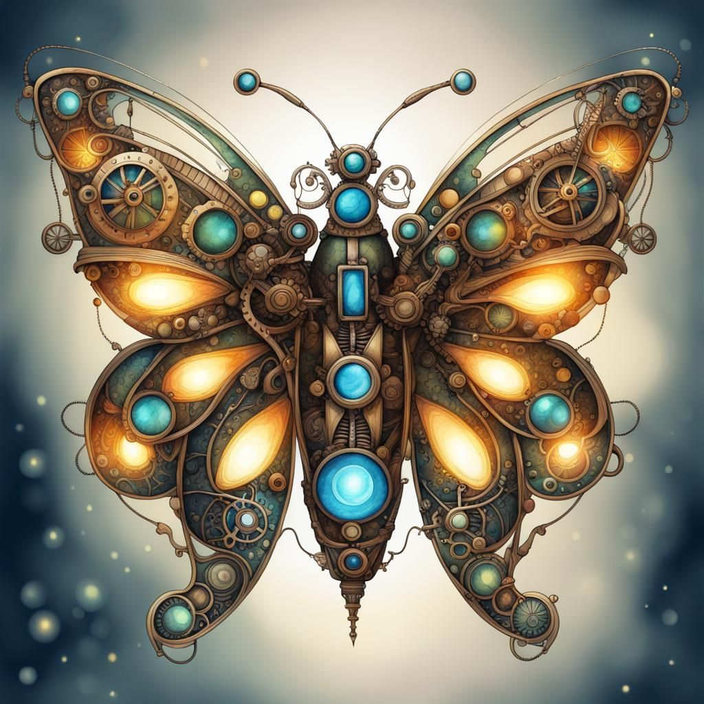 Steampunk Fireflies Light Up the Night in Watercolor