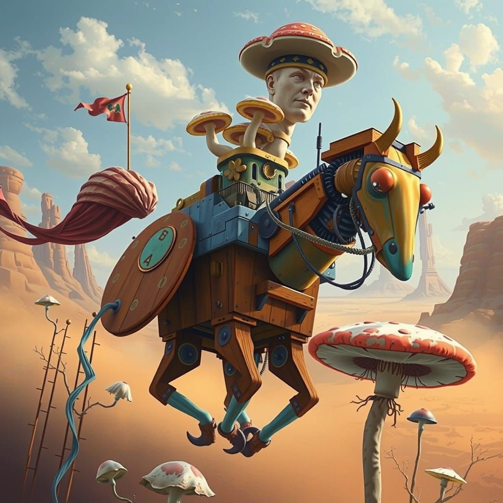 Psychedelic Linocut Mushroom Meets Rustic, Surreal Abode