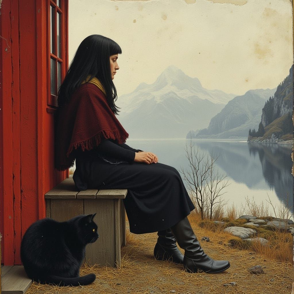 Woman and Cat by Fjord at Dawn
