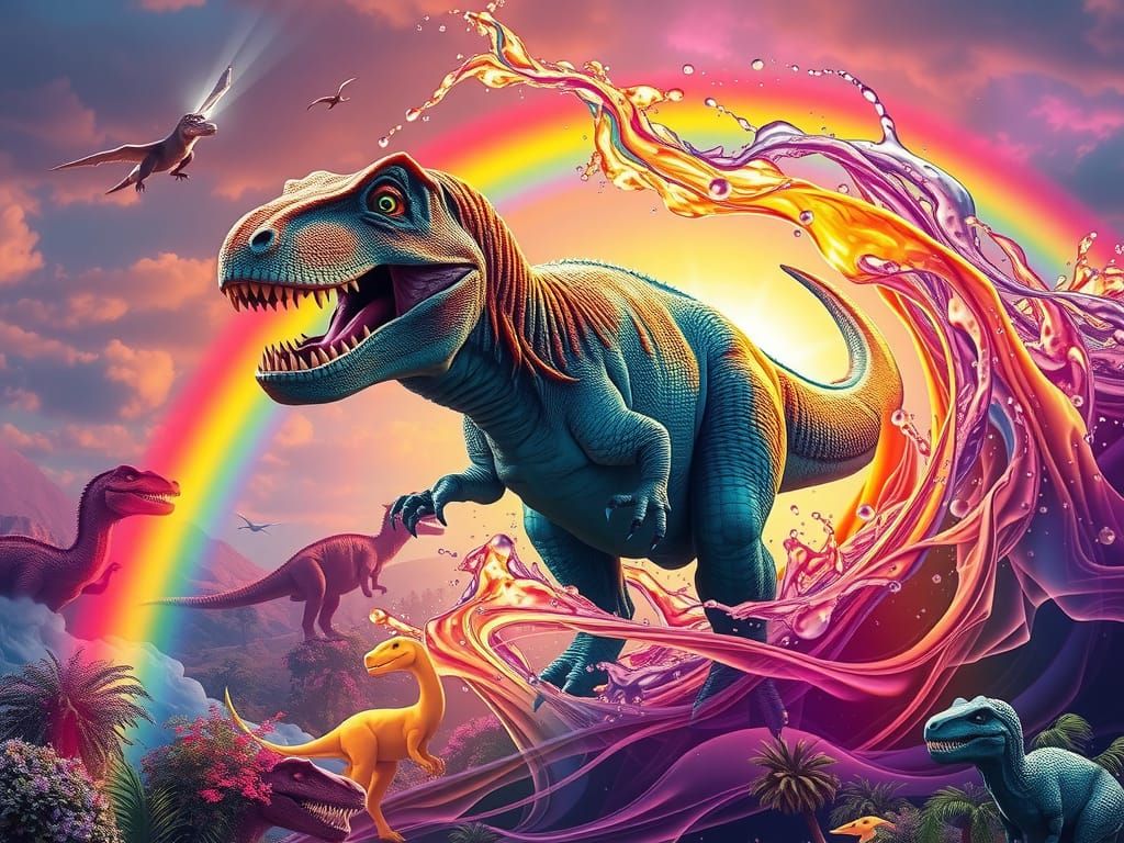 Rainbow T-Rex in Alien Landscape