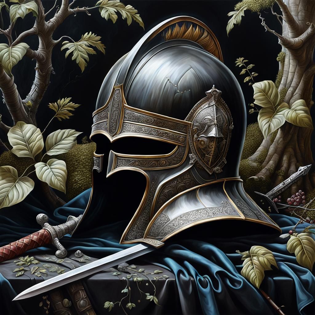 Surreal Knight's Helmet Still Life Oil Painting