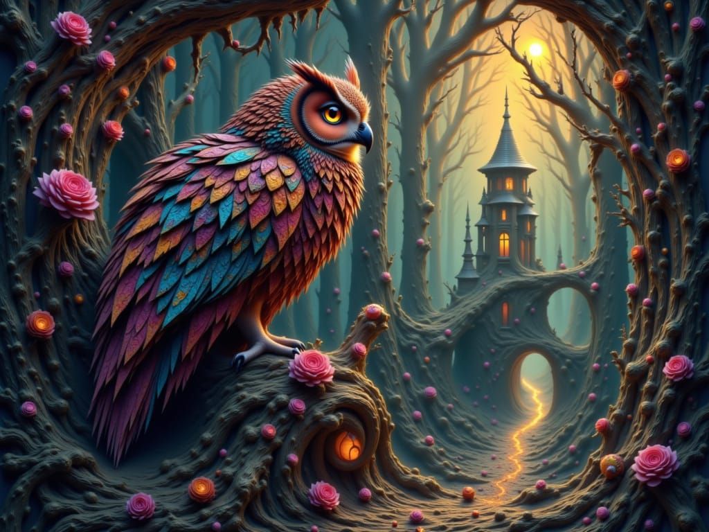 Escher-Inspired Owls in Surreal Landscape