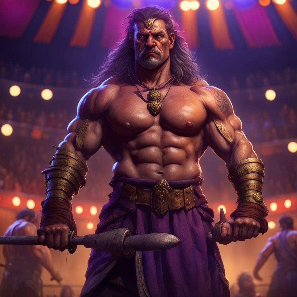 Barbarian Strongman at Circus: Dark Fantasy Concept Art