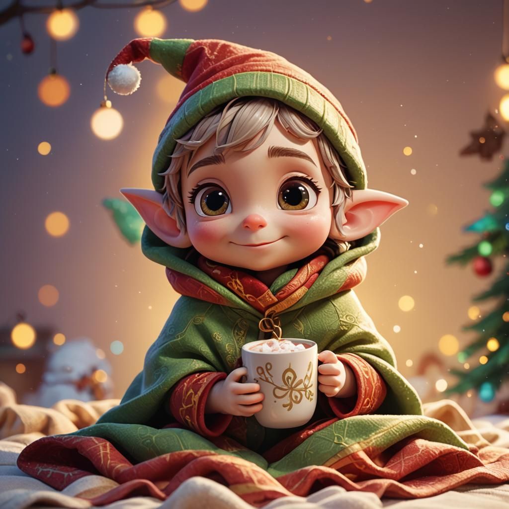 Cute Christmas Elf with Cocoa, Disney-style 3D Art