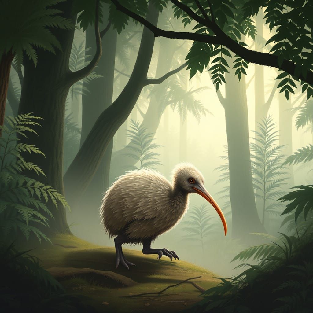 Flightless Kiwi Bird in Mystical Forest Landscape