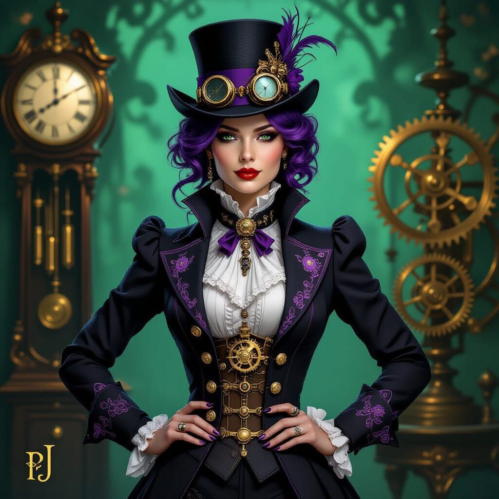 Steampunk Woman with Electric Purple Hair in Victorian Coat