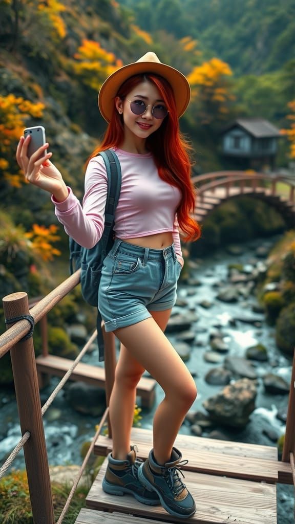 Anime Girl on Japanese Trail Bridge in Film Still