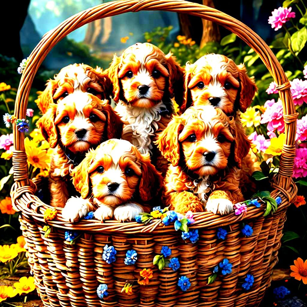 Cavapoo Puppies in a Basket: Fantasy Concept Art