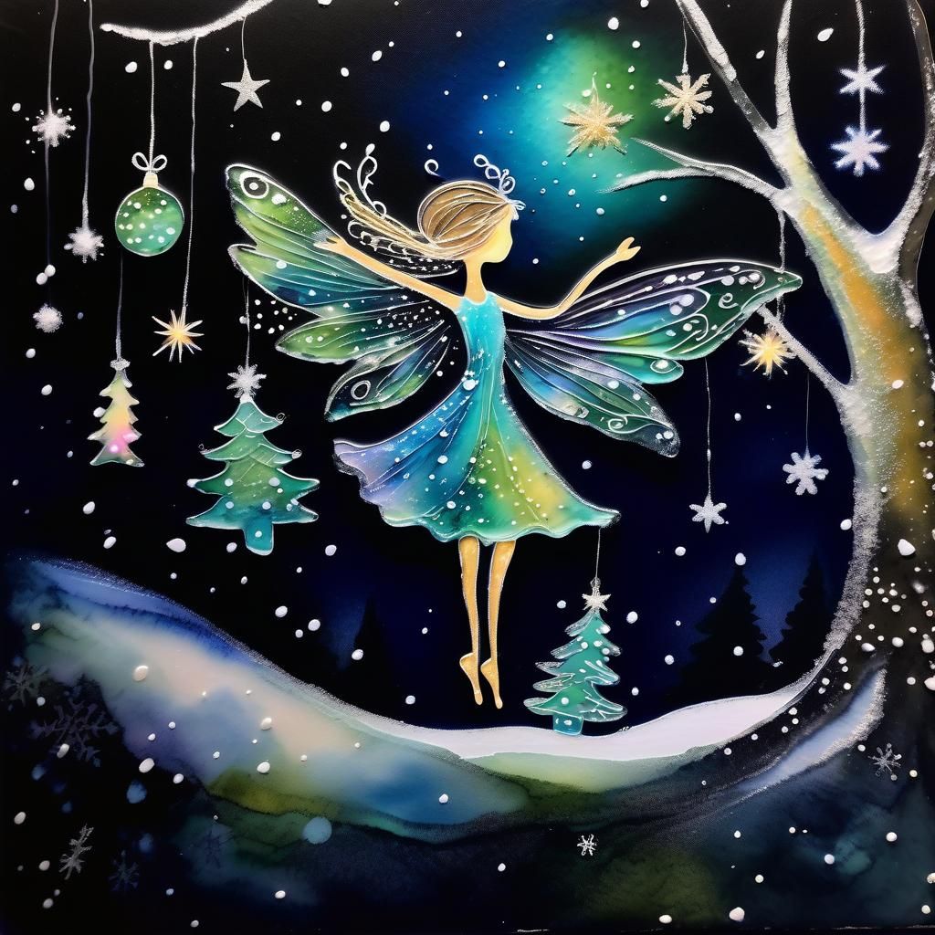 Whimsical Christmas Fairies Dancing Under Snowy Twinkling Li...
