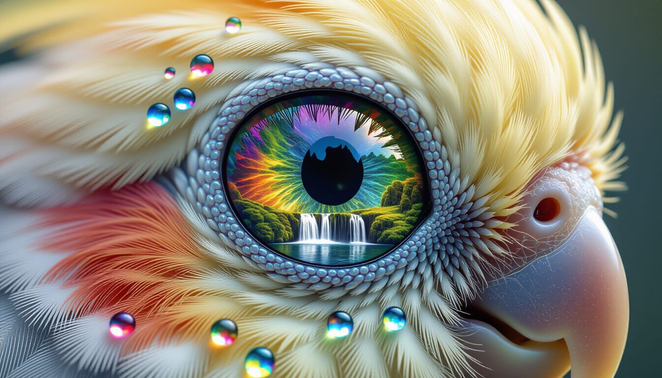 Lutino Cockatiel Eye Reflects Cosmic Paradise Landscape