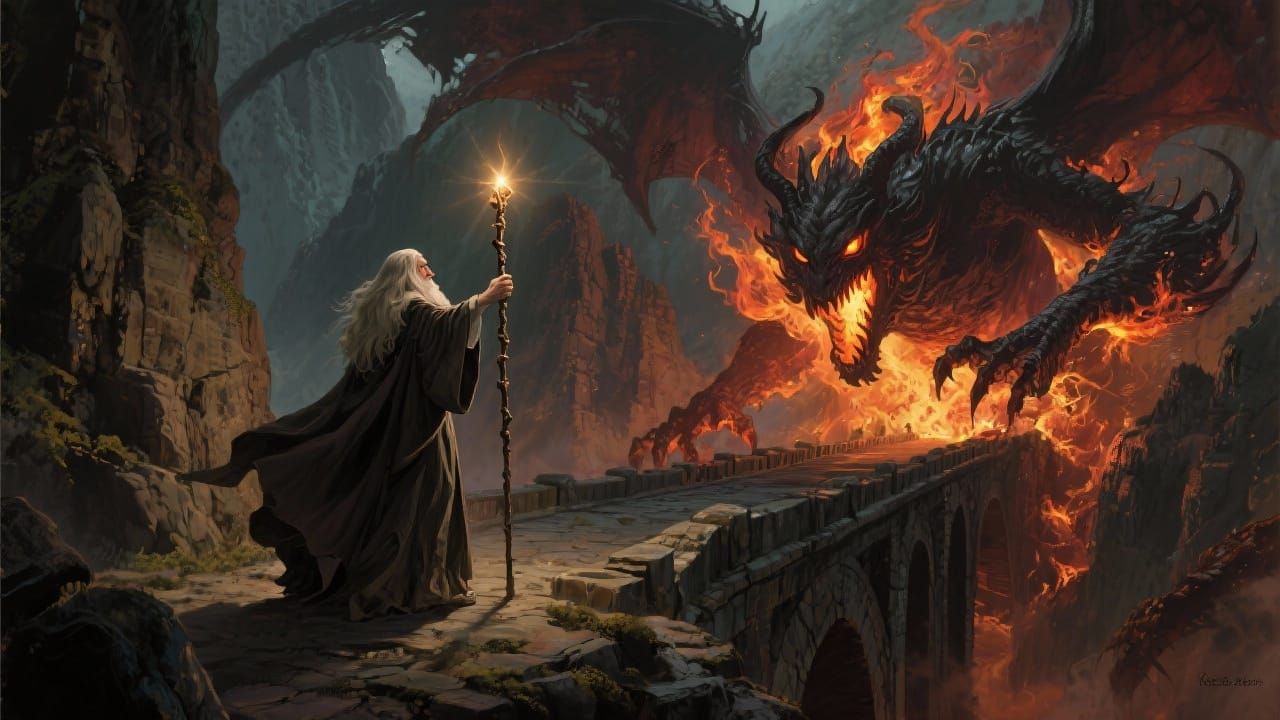 Gandalf Confronts Balrog in Epic Fantasy Style