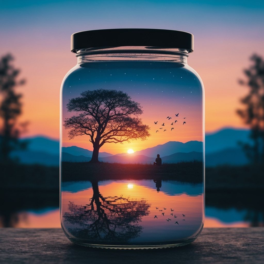 Dreamlike Landscape Captured in a Jar at Sunset