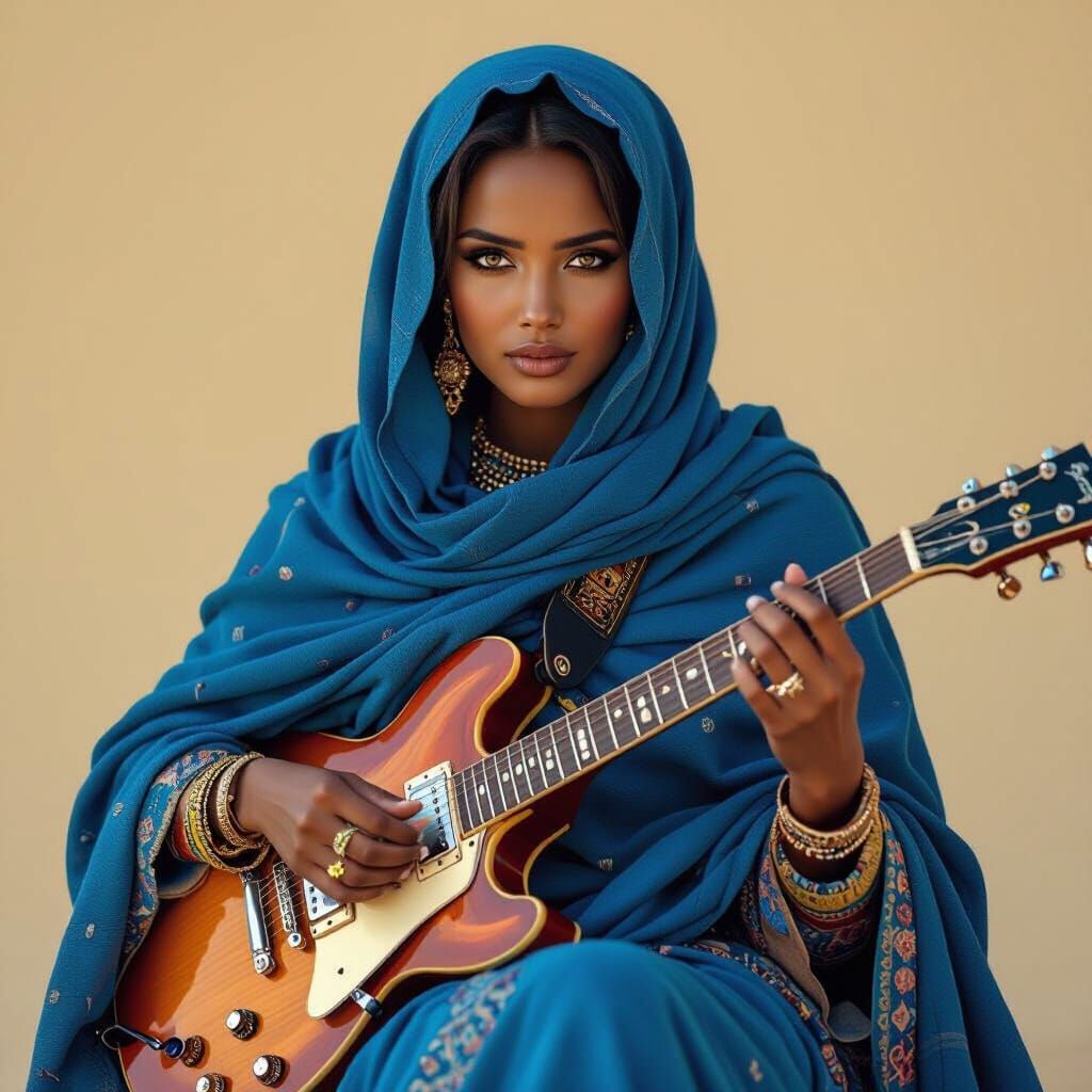 Tuareg Woman Plays Electric Guitar in Cinematic Style