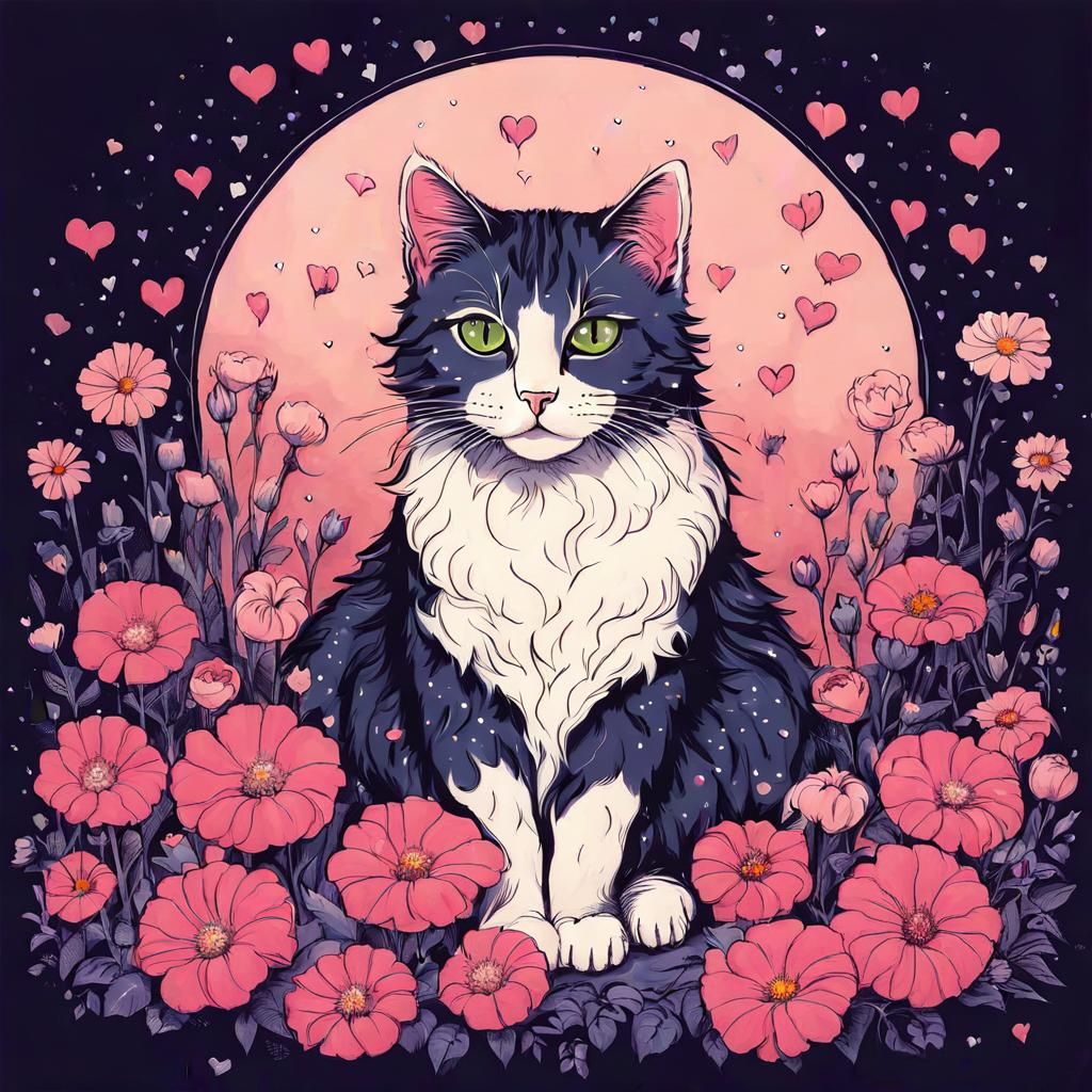 Cute Cat with Flowers and Heart Lights