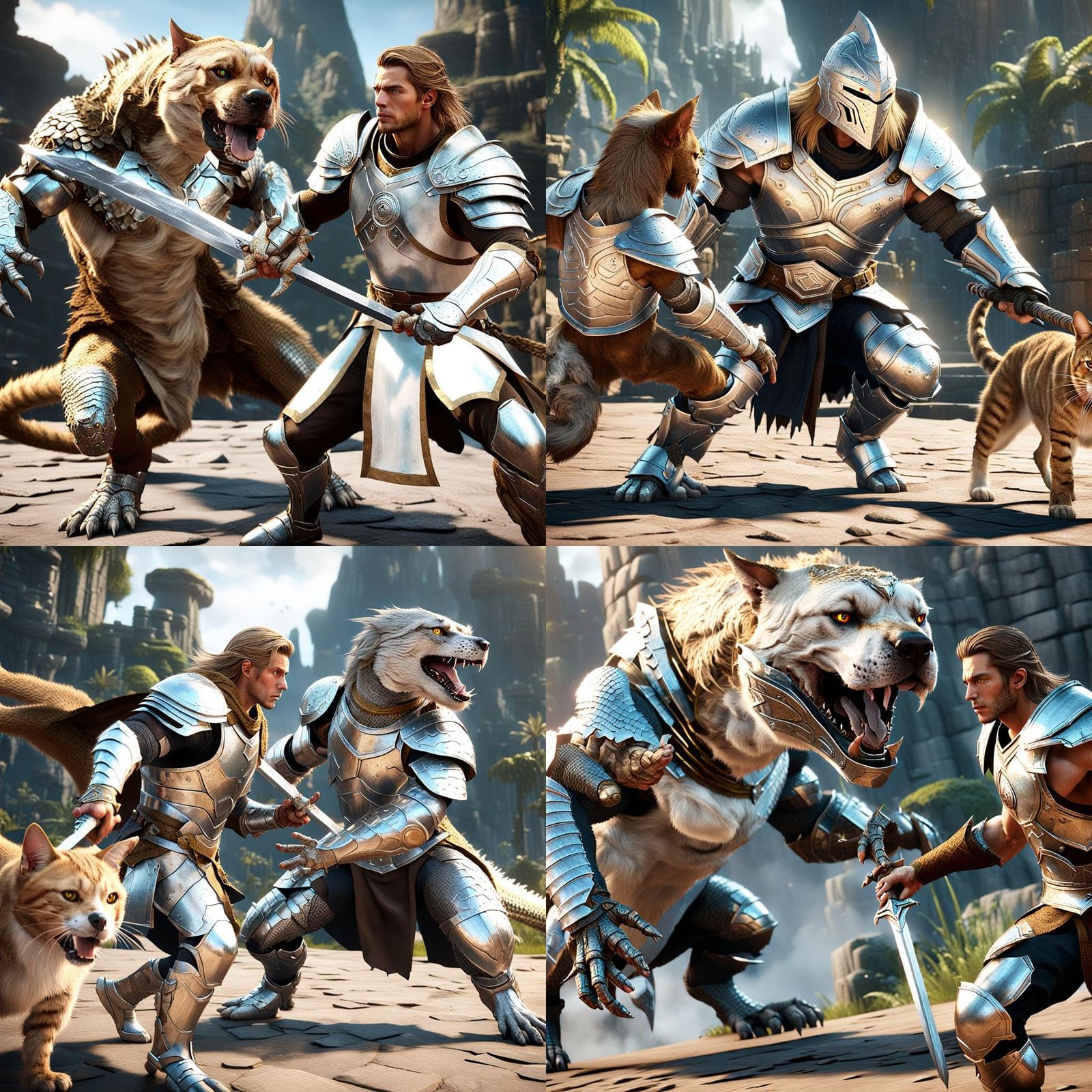 Armored Warrior Battles Lizard in 3D Game Cinematic