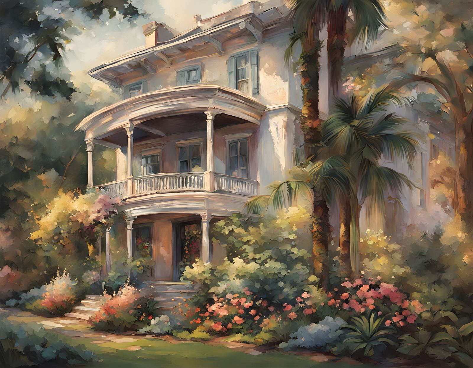 Cozy White House with Palm Trees and Blooming Florals in Whi...