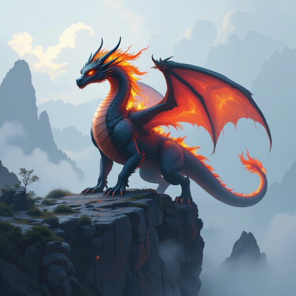 Dragon with Fire Mane on Misty Cliff in Futuristic Style