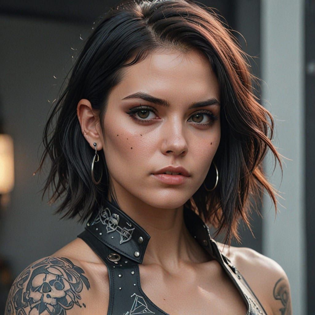 Moody Young Woman with Shaved Head Tattoos and Pierced Ears...