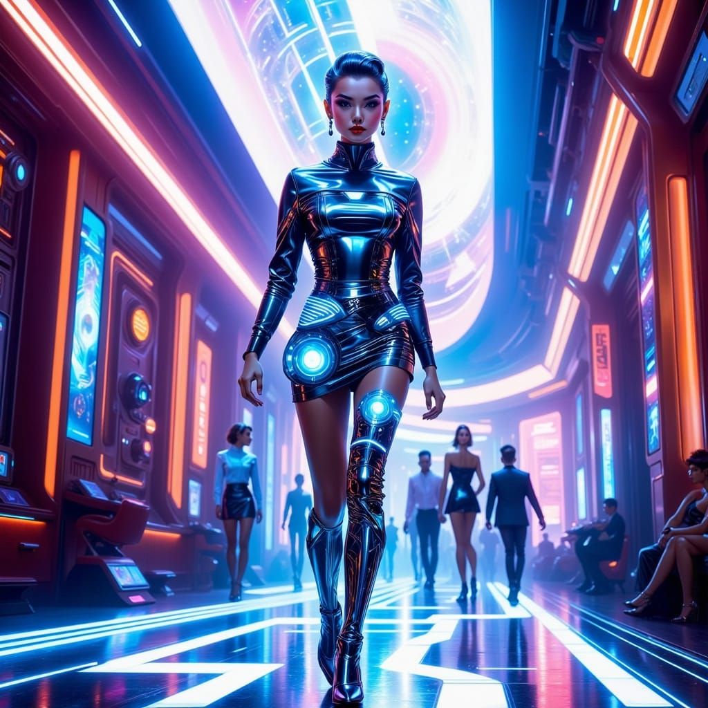 Futuristic Fashion Model on Neon Runway