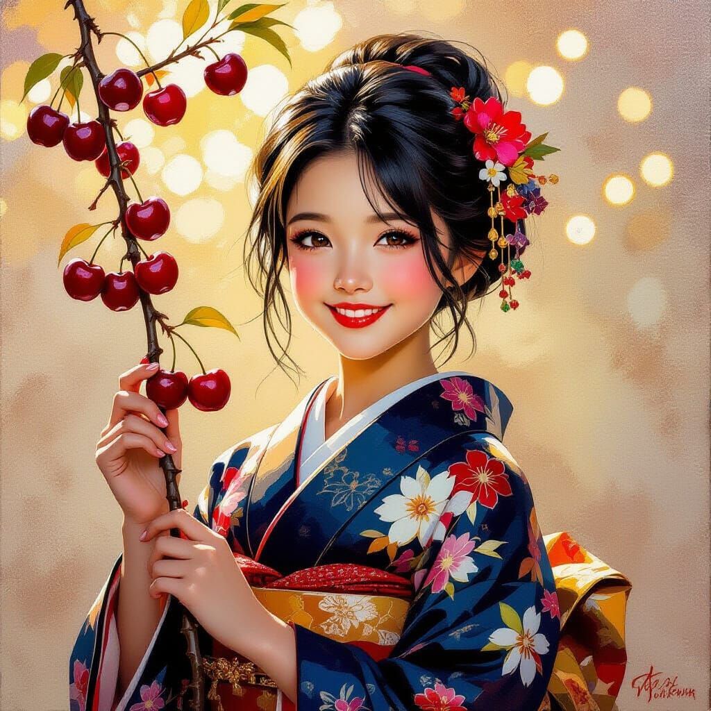 Girl with Cherry Branch in Impasto Oil Style