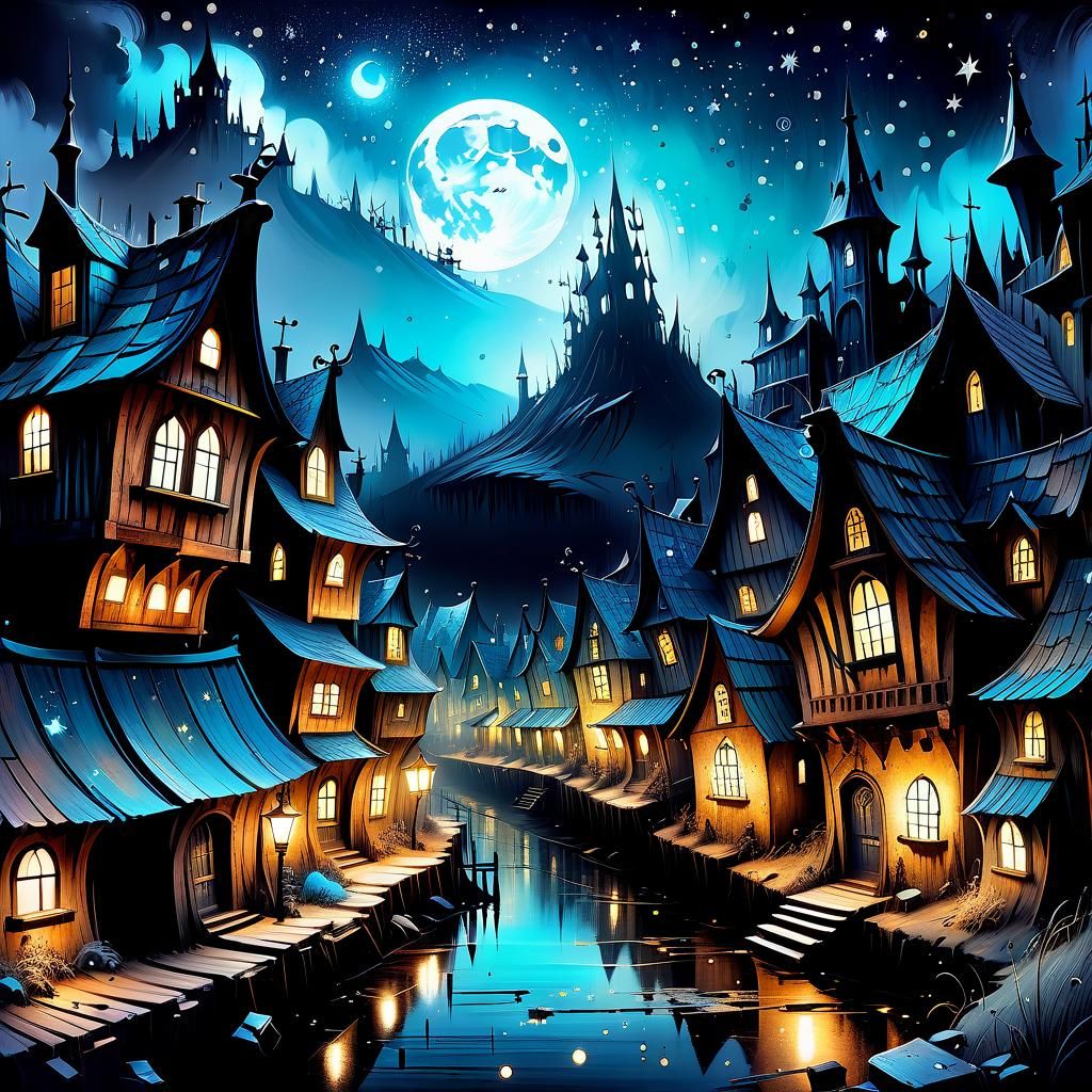 Starry Night Over Whimsical Medieval Village