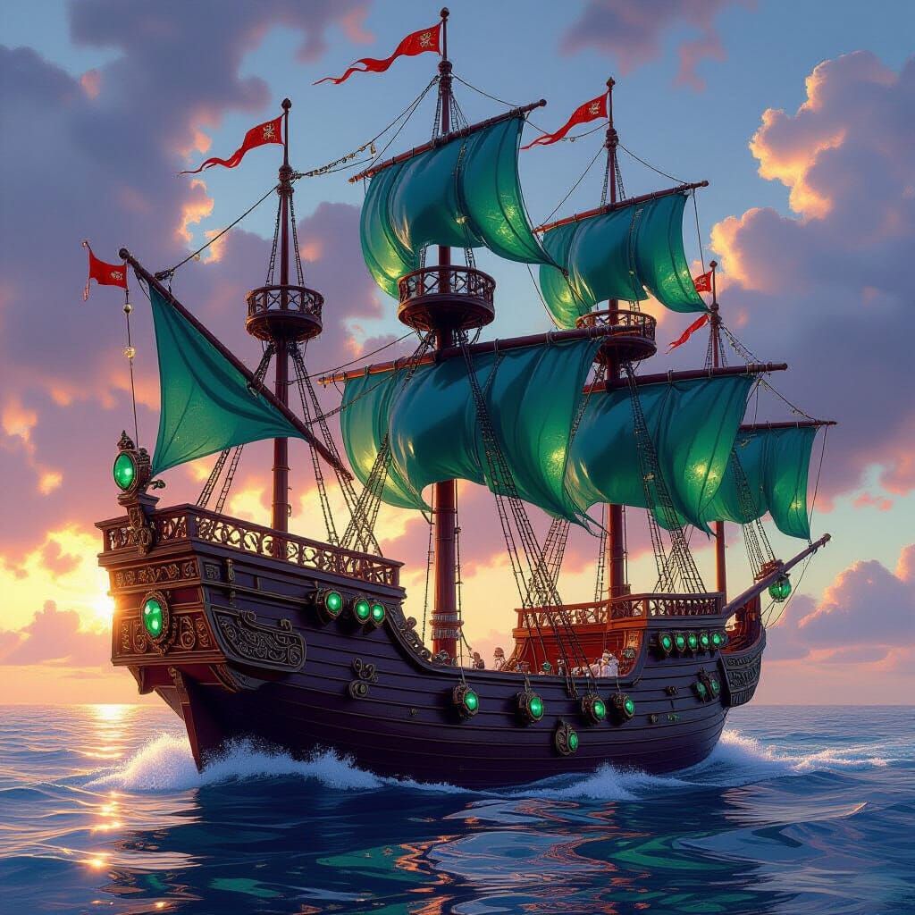 Jeweled Galleon on Golden Sea in Fantasy Art Style