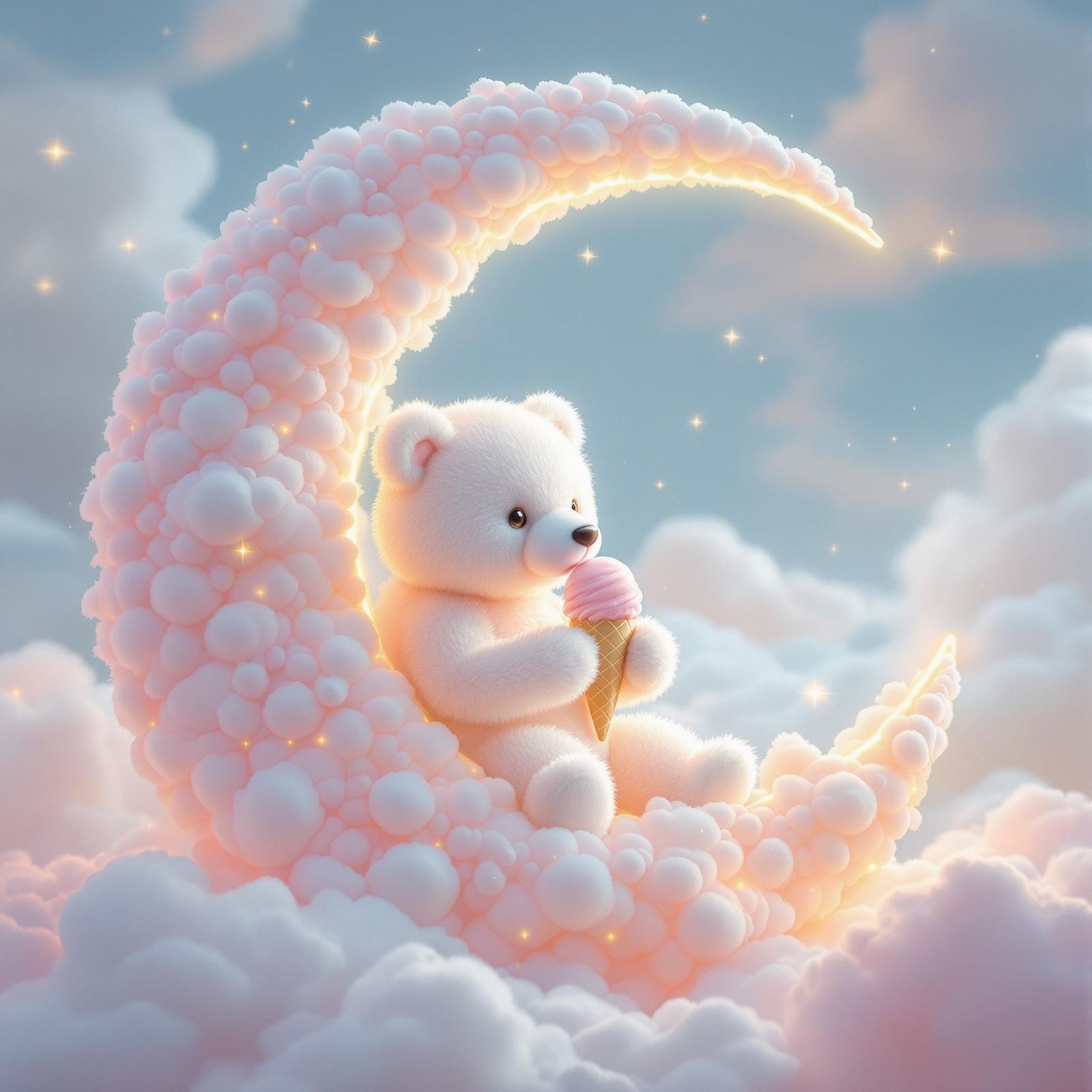 Dreamy Bear in Cloud Moon Eating Whimsical Ice Cream