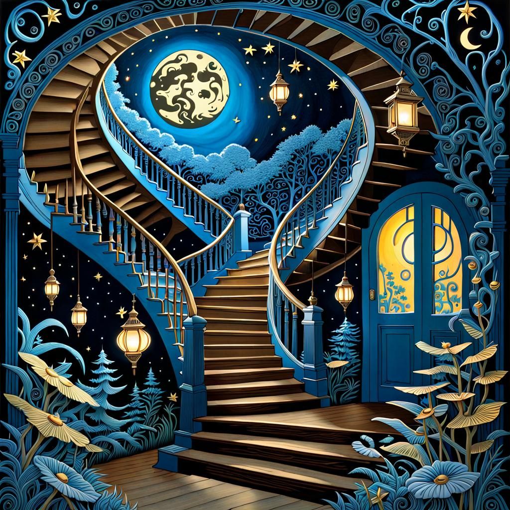 Paper Cut Stairway to the Moon in Art Nouveau Style