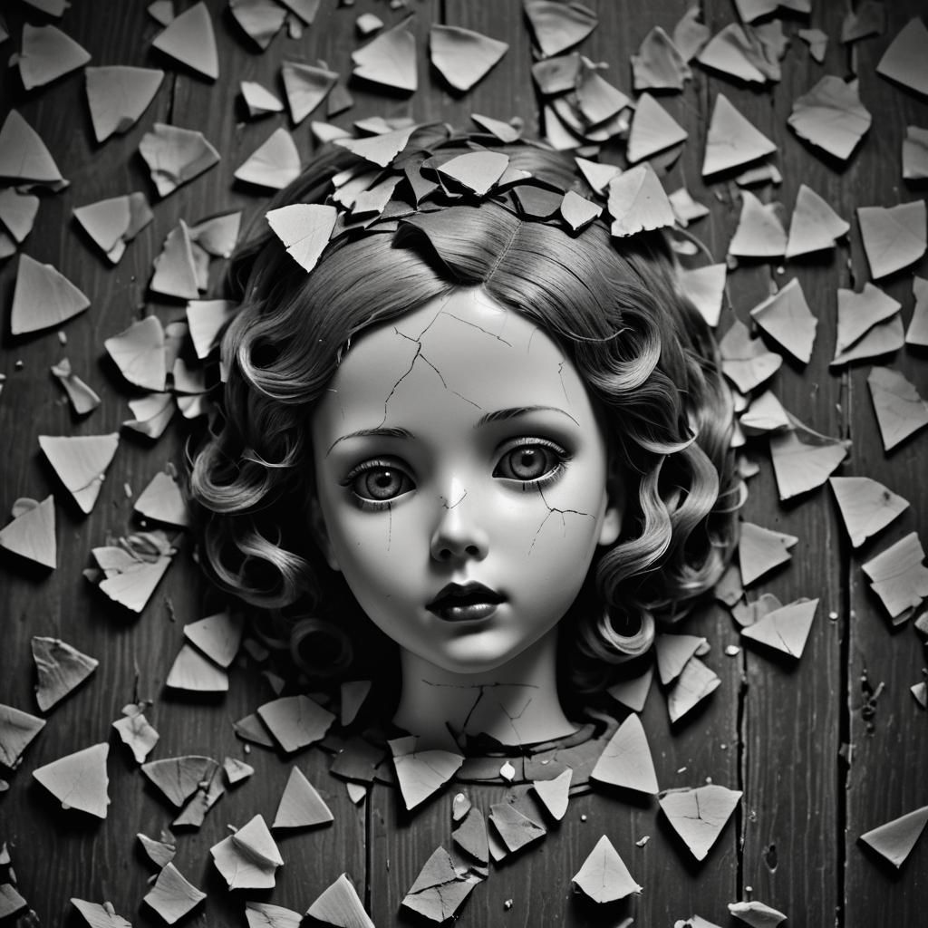Eerie Porcelain Doll in Dark Surrealism Style