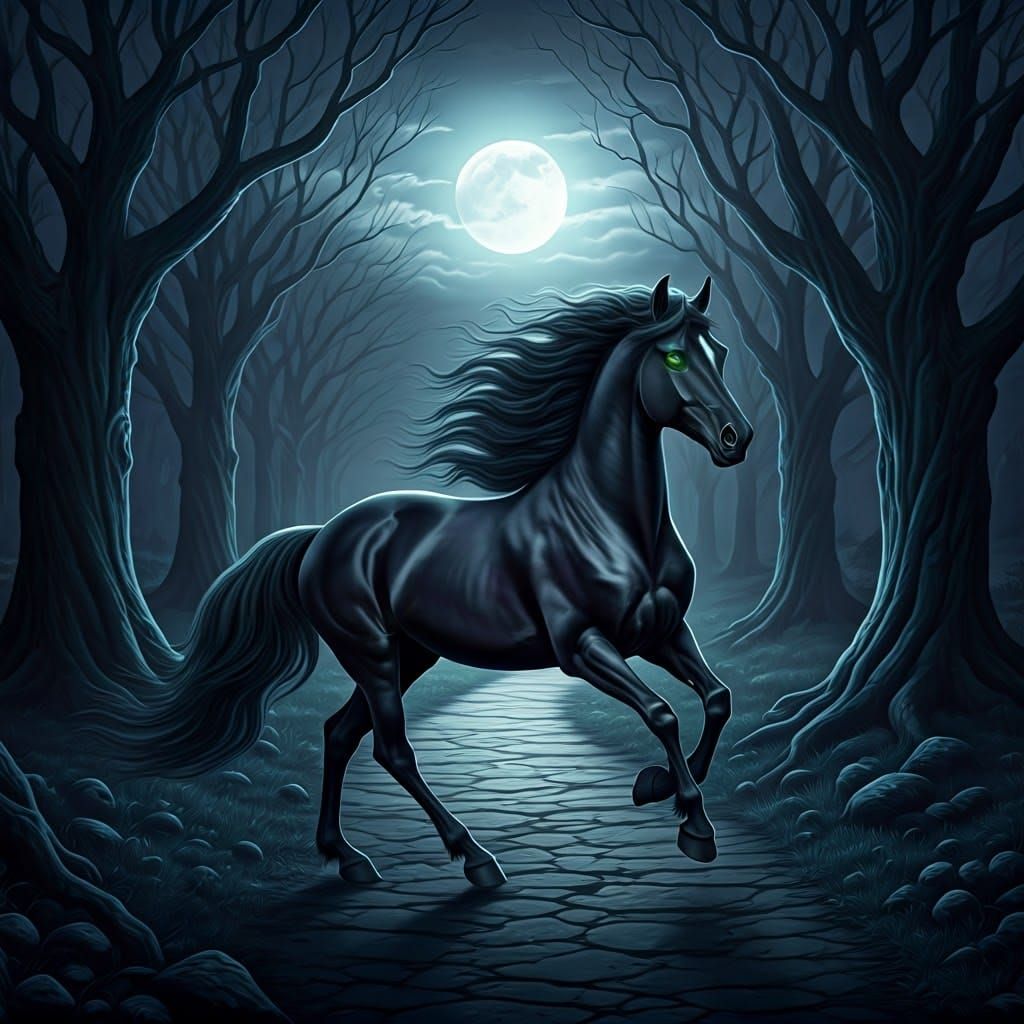 A majestic mystical black horse with piercing emerald green eyes