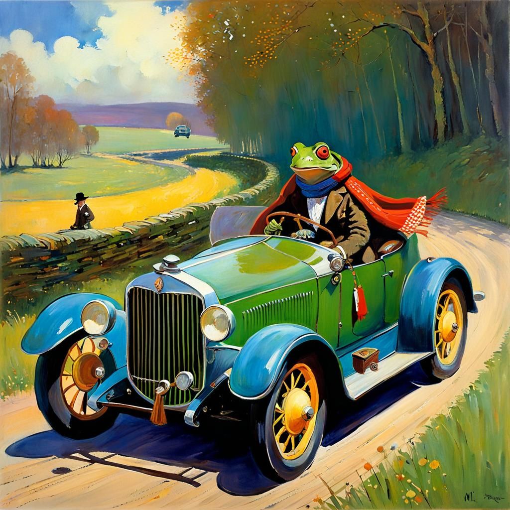 Frog Driver in Antique Car, Surreal Oil Painting