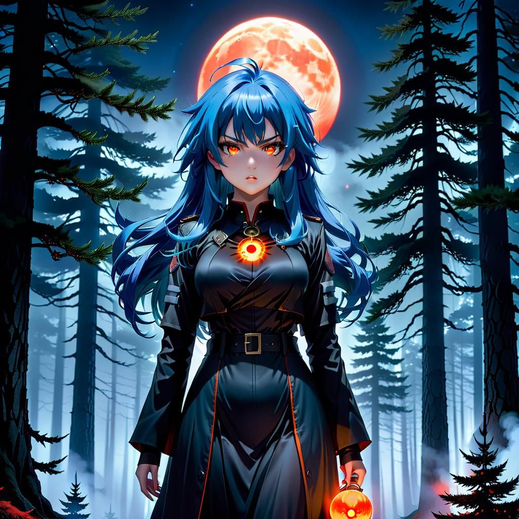 Furious Blue-Haired Entity Under Red Moon, Anime Style