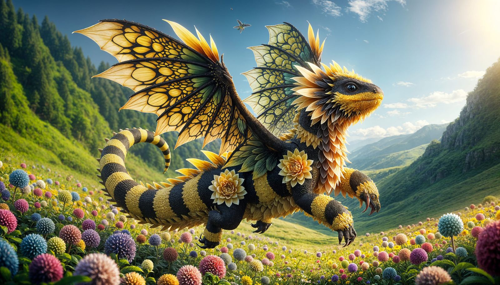 an adorable baby yellow and black striped dragon with scales...