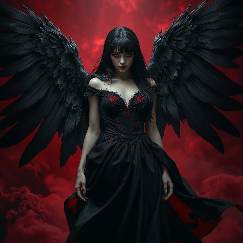 Dark Seraphim Goddess in Crimson Hellscape