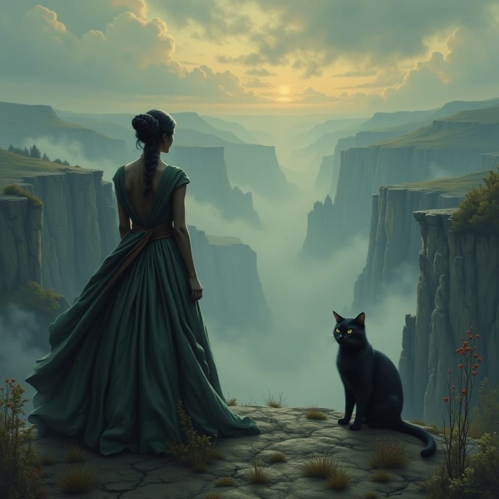 Native American Warrior Overlooks Misty Canyon With Spirit C...