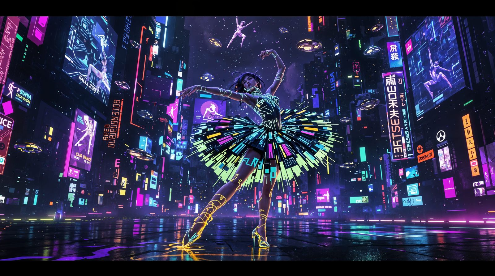 Cyberpunk Ballerina Dances Amidst Futuristic Cityscape