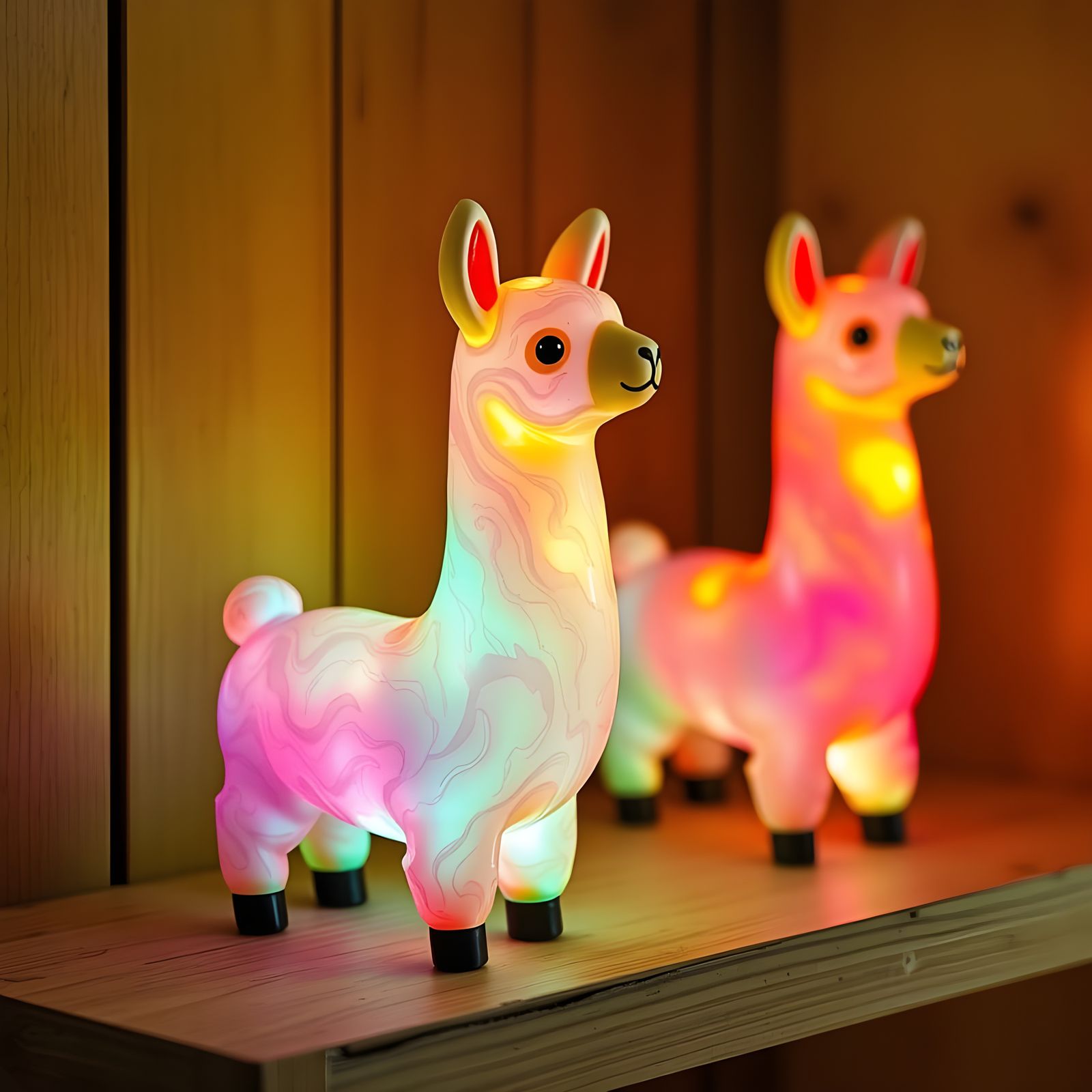 Glowing Llama Lava Lamps on a Shelf