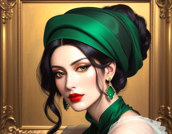 Elegant Emerald Gown Portrait in Oil Painting Style