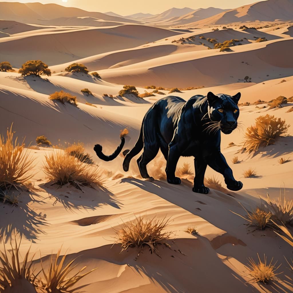 Black Panther Hunting in Desert: Rousseau-Inspired Illustrat...