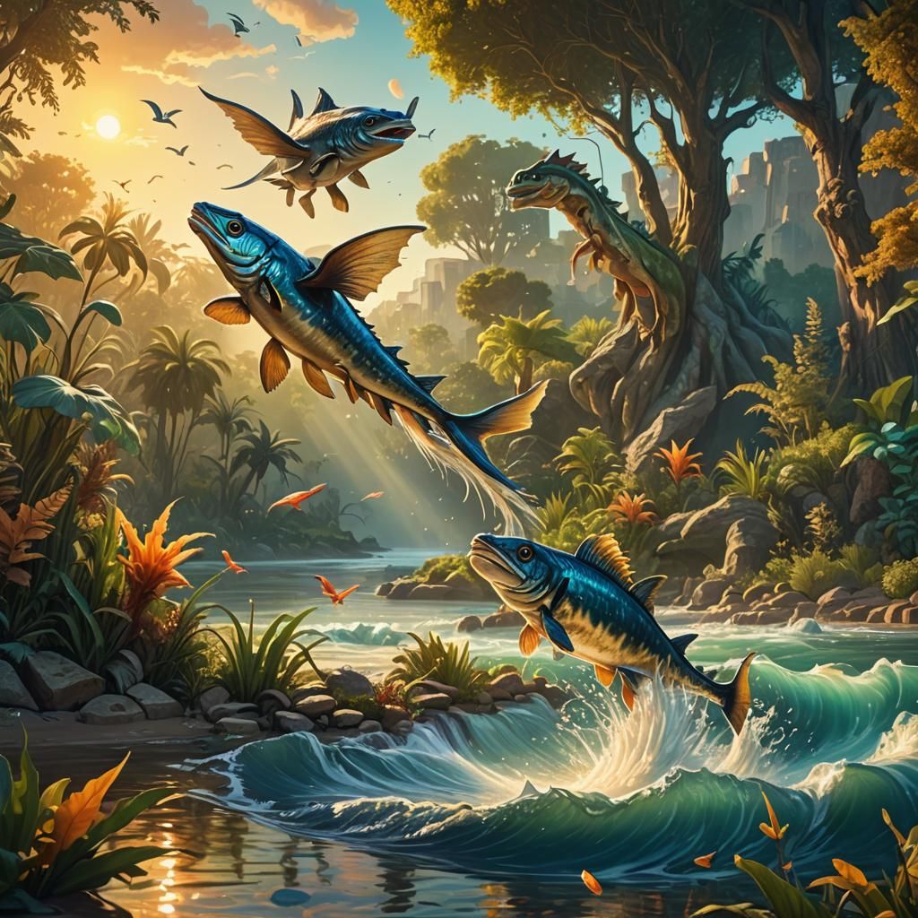 Flying Fish and Dinosaurs at Sunrise: Matte Painting