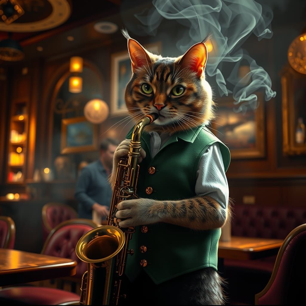 Cat Saxophonist in Smokey Jazz Club: Photorealistic Renderin...