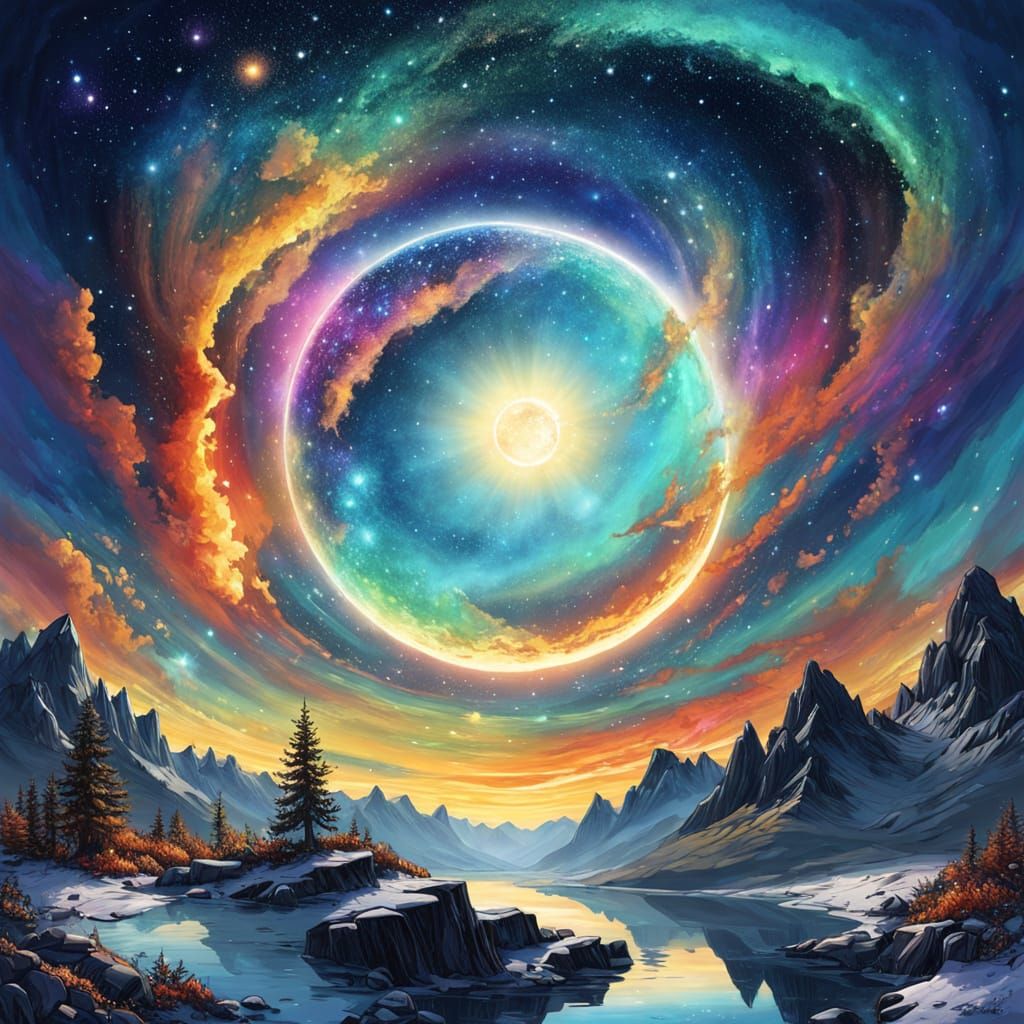 Solarpunk Landscape Art with Cosmic Sky