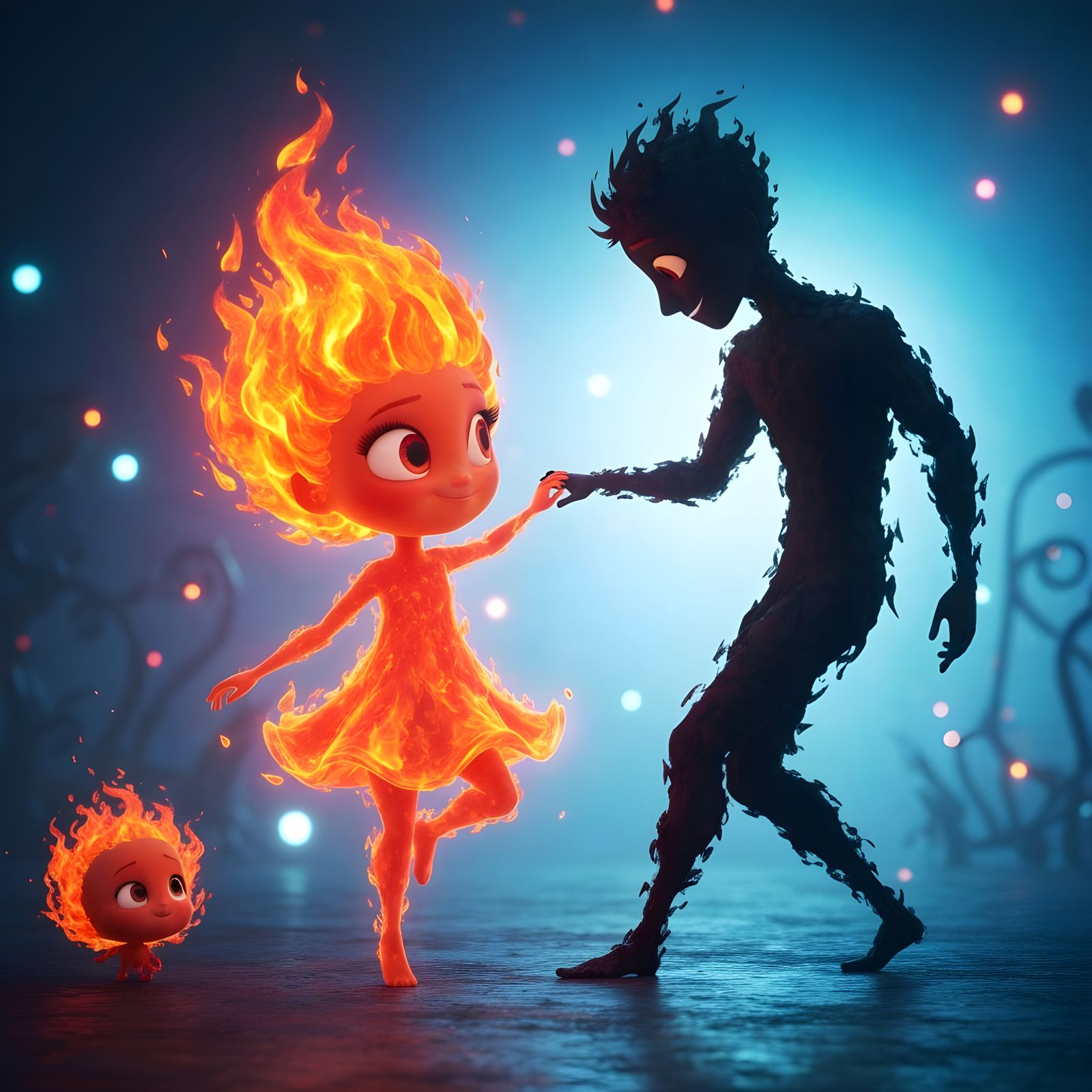 Fiery Girl Dances with Shadow Man in Luminous 3D Art