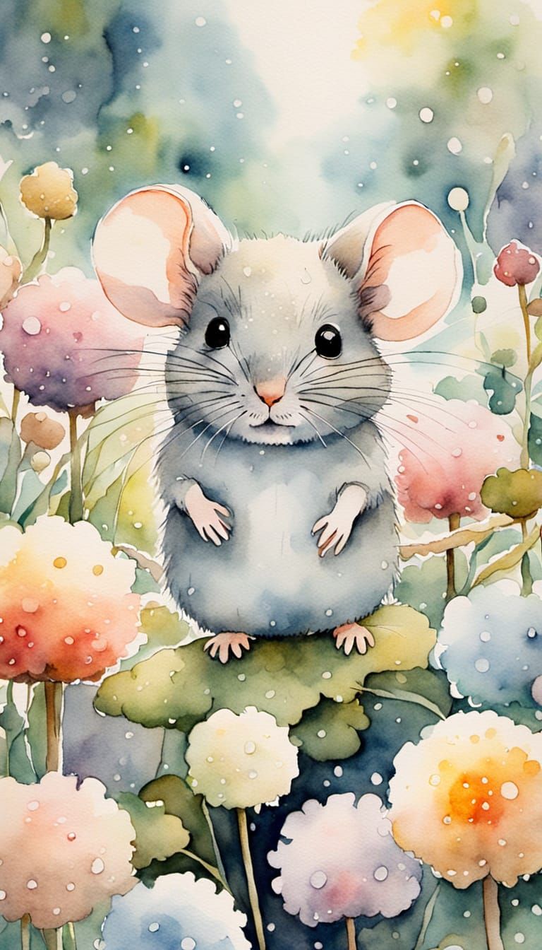 Mouse Cataloging Dewdrops in Whimsical Watercolor Garden