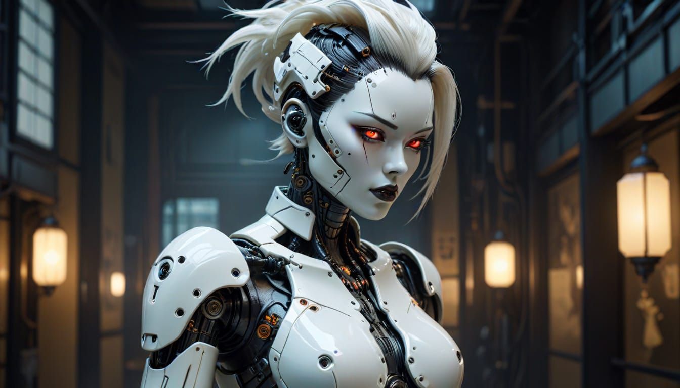 Gothic Pinup Gynoid with Cyberpunk Background