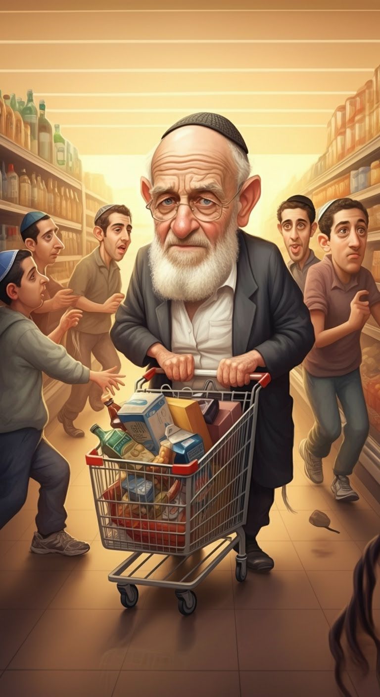 Caricature Portrait of Elderly Zionist Man in Supermarket