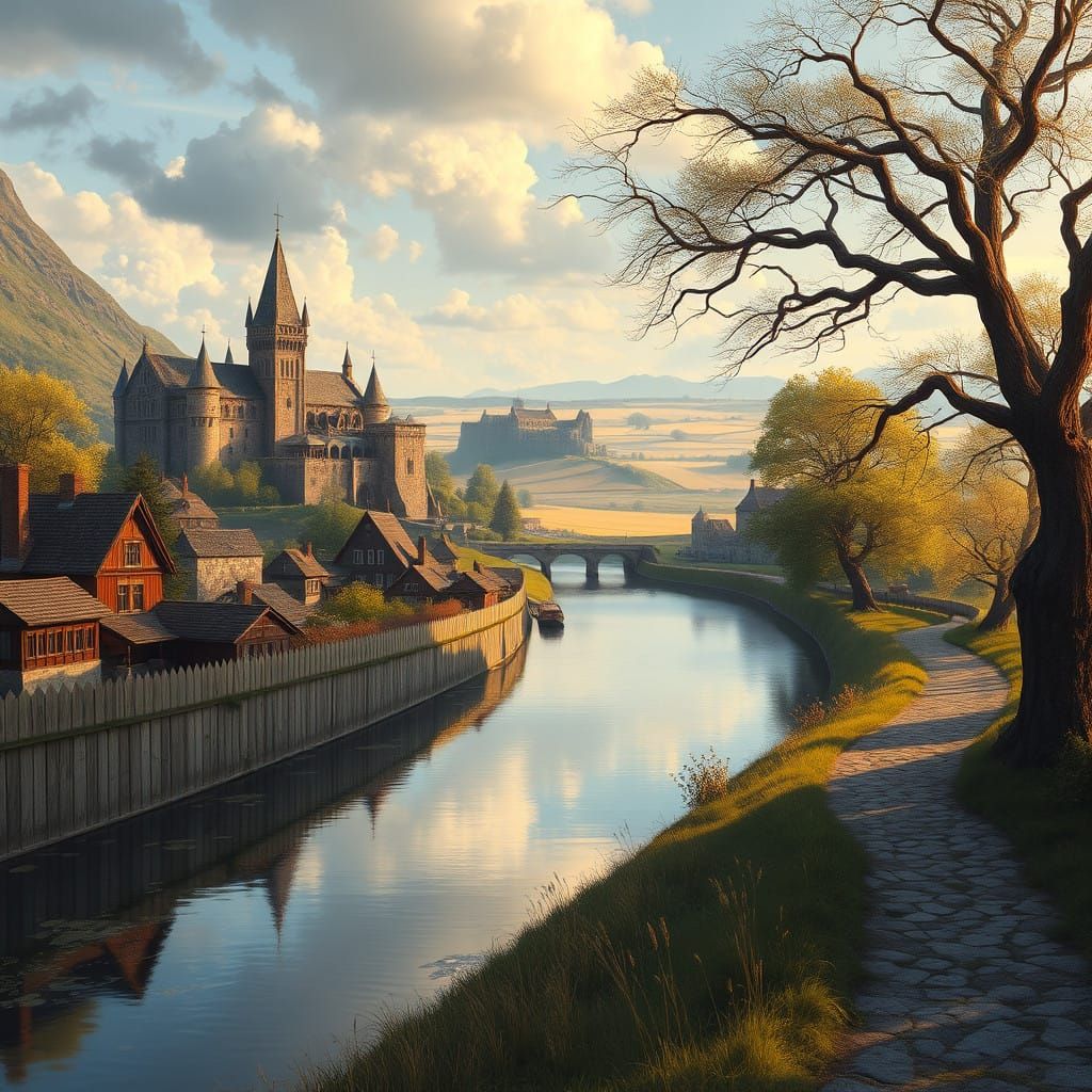 Serene Village at Sunset in Whimsical Fantasy Style