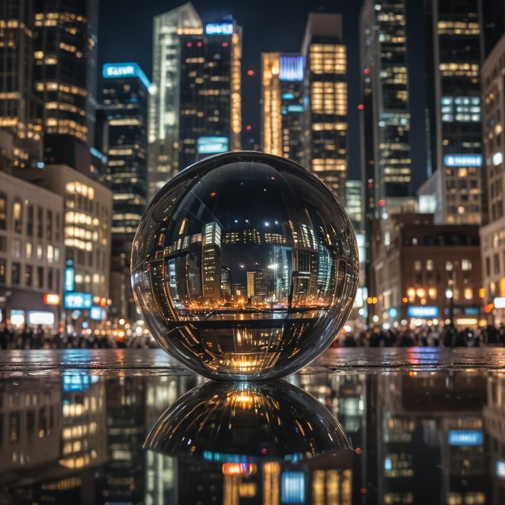 Glass Orb Reflecting City at Night
